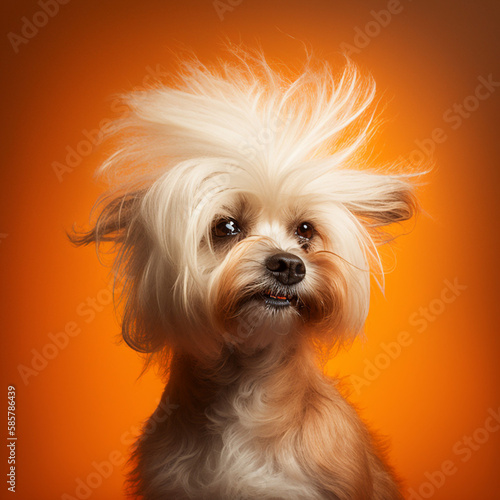 Stylish dog with a toupee on an orange background. Generative AI.