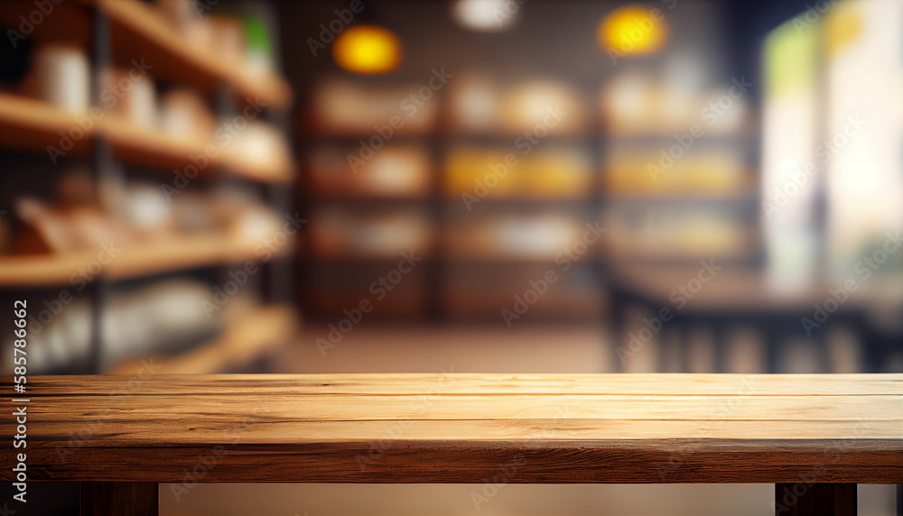 Empty wood table top on blur bakery shop or cafe restaurant with abstract bokeh background Empty wood table top on blur bakery shop or cafe restaurant with abstract bokeh background