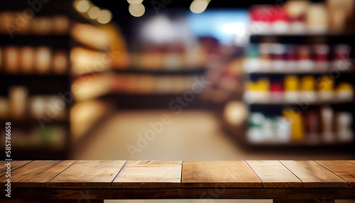 Empty wood table top on shelf in supermarket blurred background