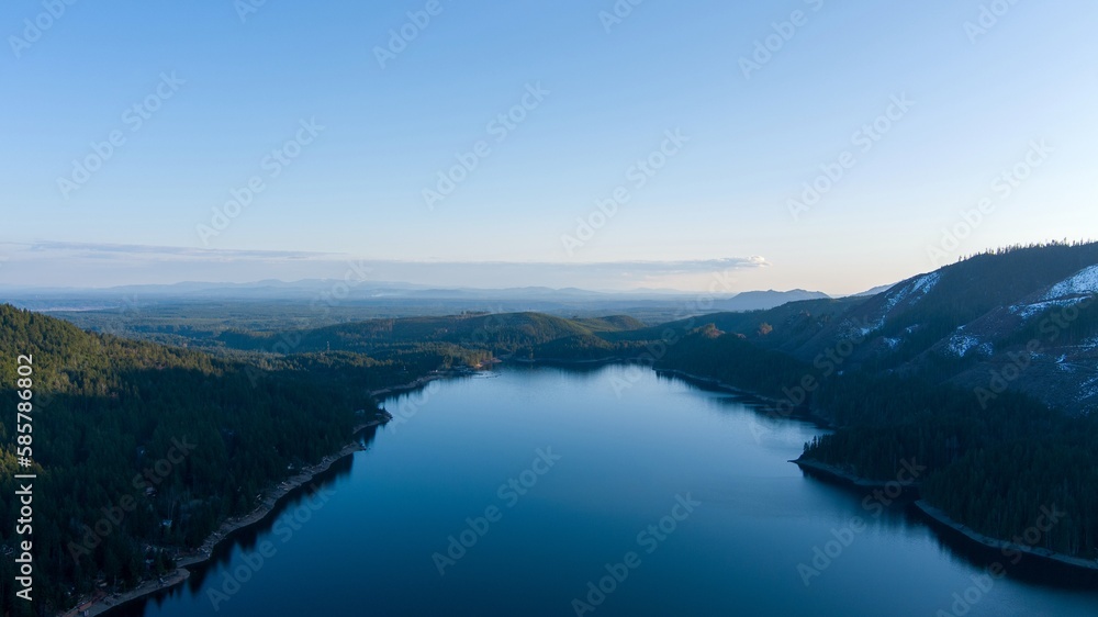 Aerial view of Lake Cushman and the Olympic Mountains of Washington State at sunset Aerial view of Lake Cushman and the Olympic Mountains of Washington State at sunset