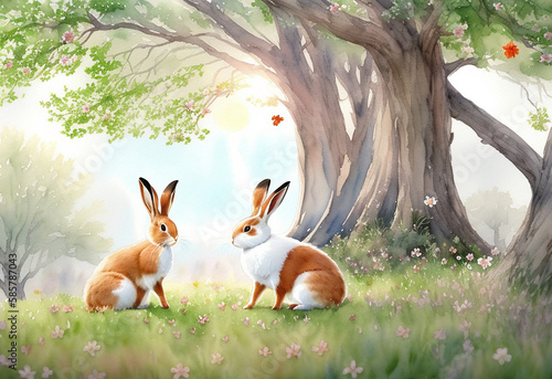rabbits in the meadow under the oak