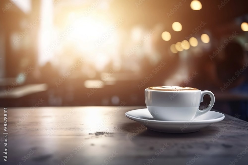 Closeup of white Coffee Cup on Cafe Table with Blurred Background