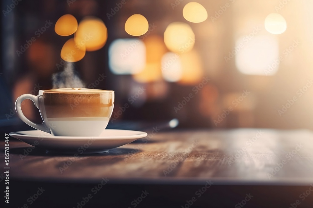 Closeup of white Coffee Cup on Cafe Table with Blurred Background
