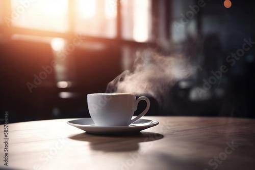 Closeup of white Coffee Cup on Cafe Table with Blurred Background