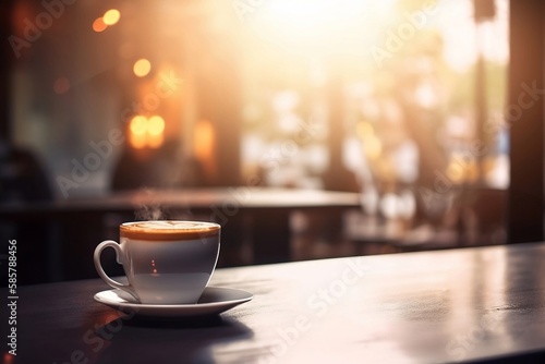 Closeup of white Coffee Cup on Cafe Table with Blurred Background