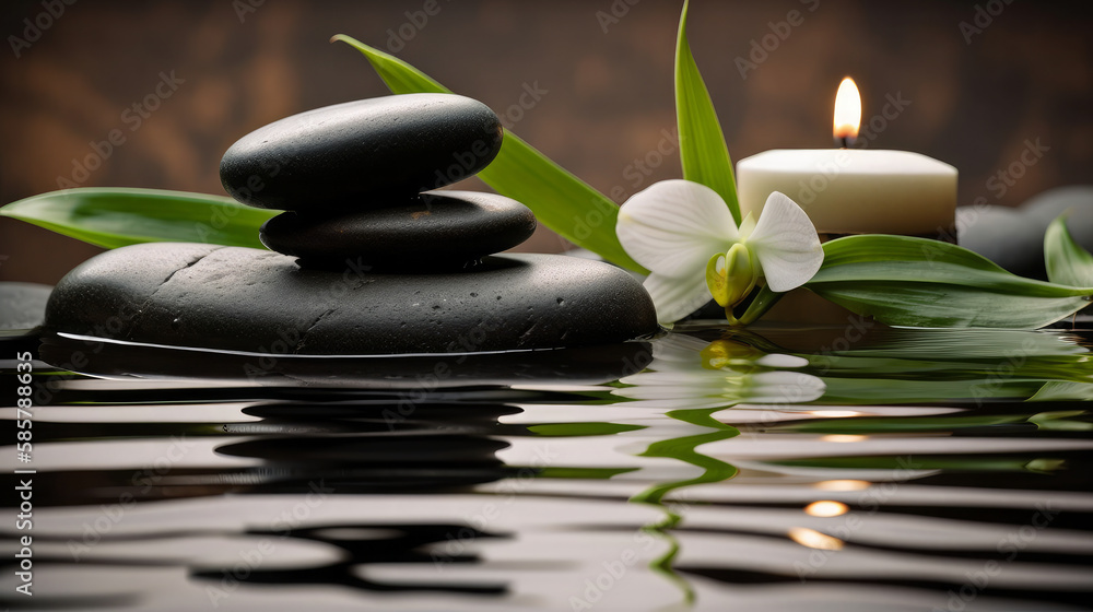 Serene Zen garden with bamboo and smooth stones on water. Generative AI Serene Zen garden with bamboo and smooth stones on water. Generative AI