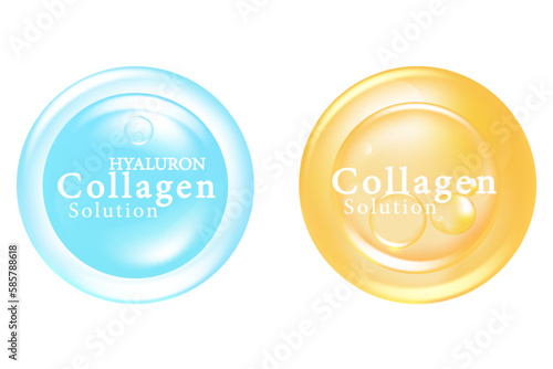 Blue hyaluronic acid skin solutions ad, gold collagen solution, serum drops, illustration vector.