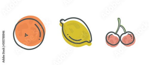 A set of fruit icons on a white background. Fruits  oranges  lemons and cherries designed with doodle cartoon abstract shapes. Line drawing style. Vector illustration.