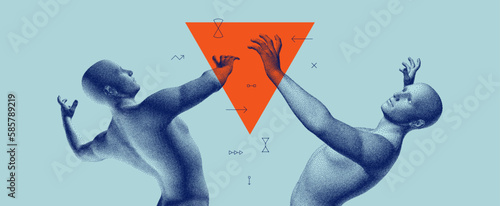 3D human body model. Art event invitation template. Two men reaching for triangle. Sensing energy between peoples. Concept of human relation, togetherness, partnership, connection, contact or network.