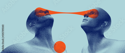 Visual contact. Two opponents facing each other. People talk face to face. Illustration of the communication between two humans in form of telepathy. Mind reading concept. Battle with yourself