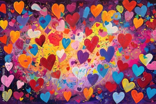 Abstract canvas bursts with multicolored hearts. Generative AI