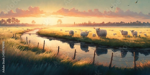 Flock of sheep in Meadow landscape, sunset, dusk. Anime style watercolor as background. illustration painting. Generative AI. 