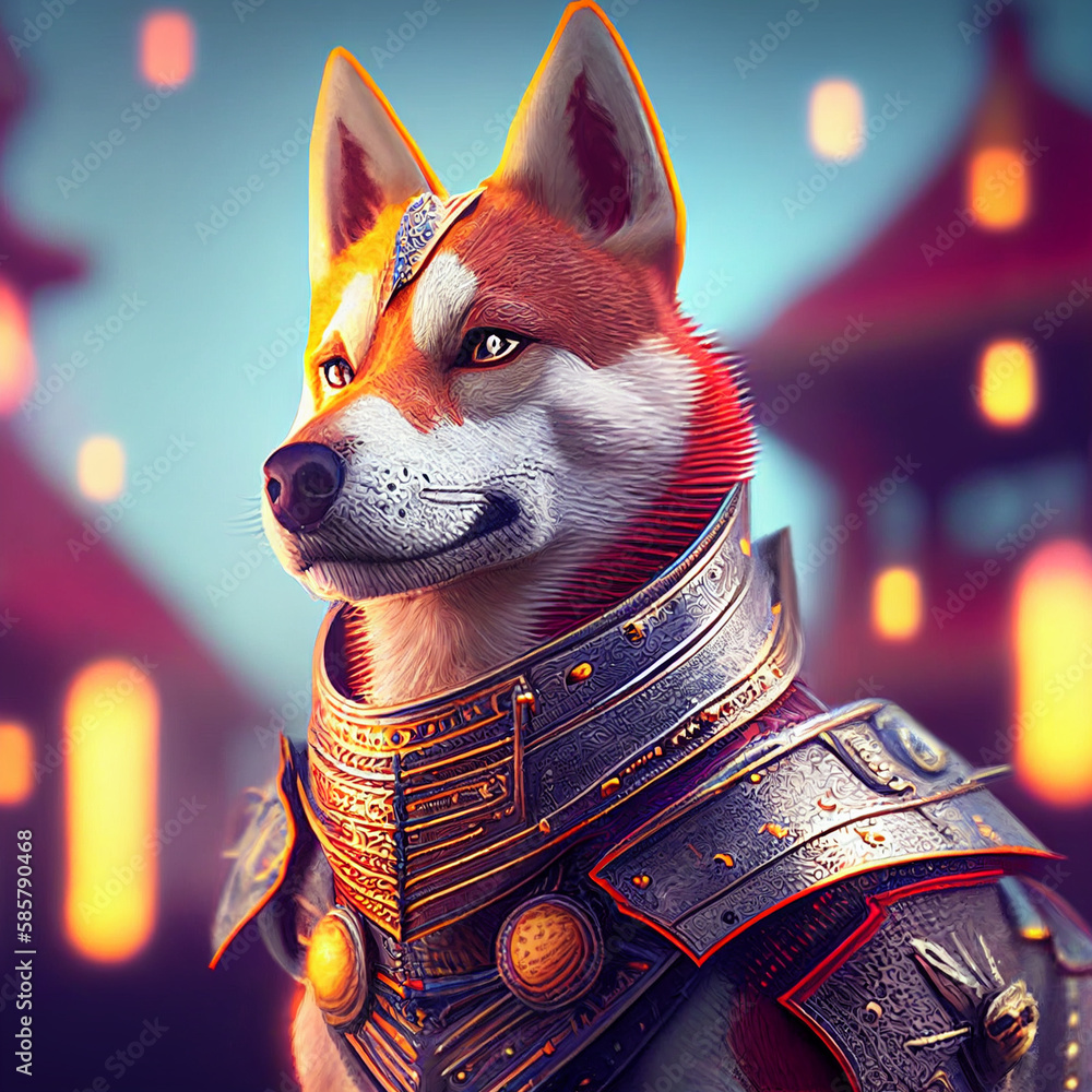 Um cachorro doge samurai com fundo em partículas de fogo Stock ...