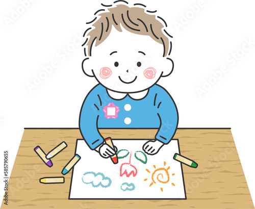 クレヨンでお絵かきをする、幼稚園児の男の子のイラスト