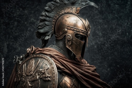 Spartan warrior in armor with shield, antique Greek military soldier. Generative AI