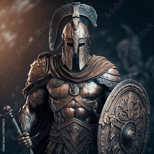 Vászonkép Spartan warrior in armor with shield, antique Greek military soldier