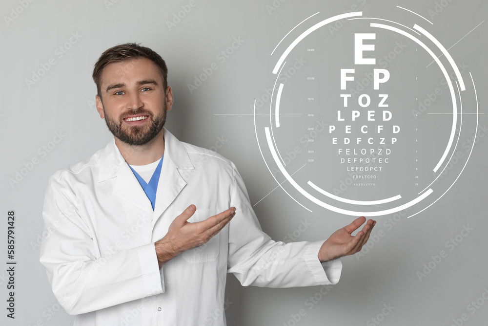 Vision test. Ophthalmologist or optometrist pointing at eye chart on light background Vision test. Ophthalmologist or optometrist pointing at eye chart on light background