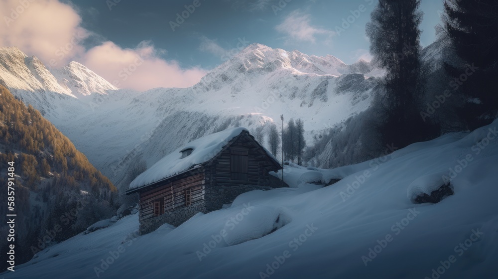 A striking winter mountain landscape, showcasing snow-capped peaks and pristine beauty, created by AI.