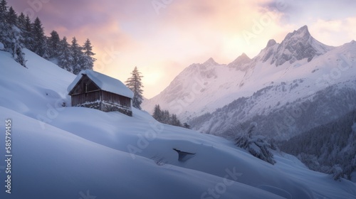 A striking winter mountain landscape, showcasing snow-capped peaks and pristine beauty, created by AI.