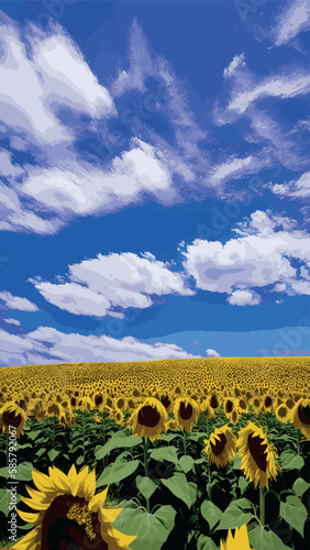 Summer landscape with blooming sunflower