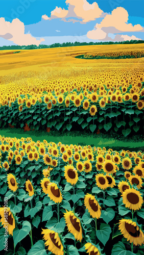 Summer landscape with blooming sunflower