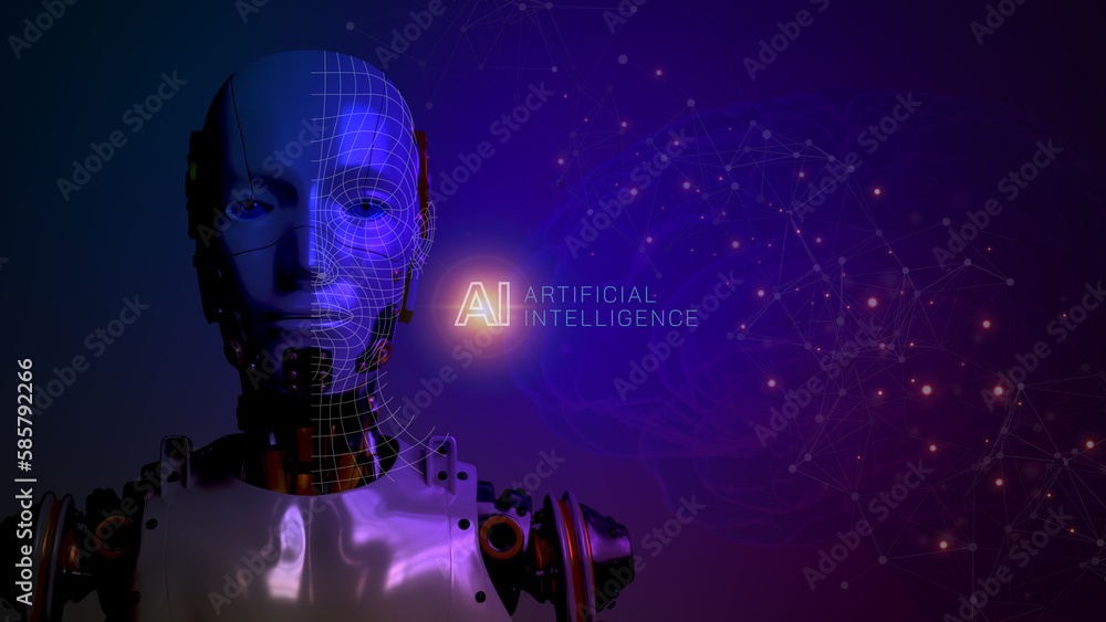 Robot with AI icon on virtual background provide access information. Artificial intelligence digital chat bot, machine learning, big data, cloud computing, computer network and innovation technology.