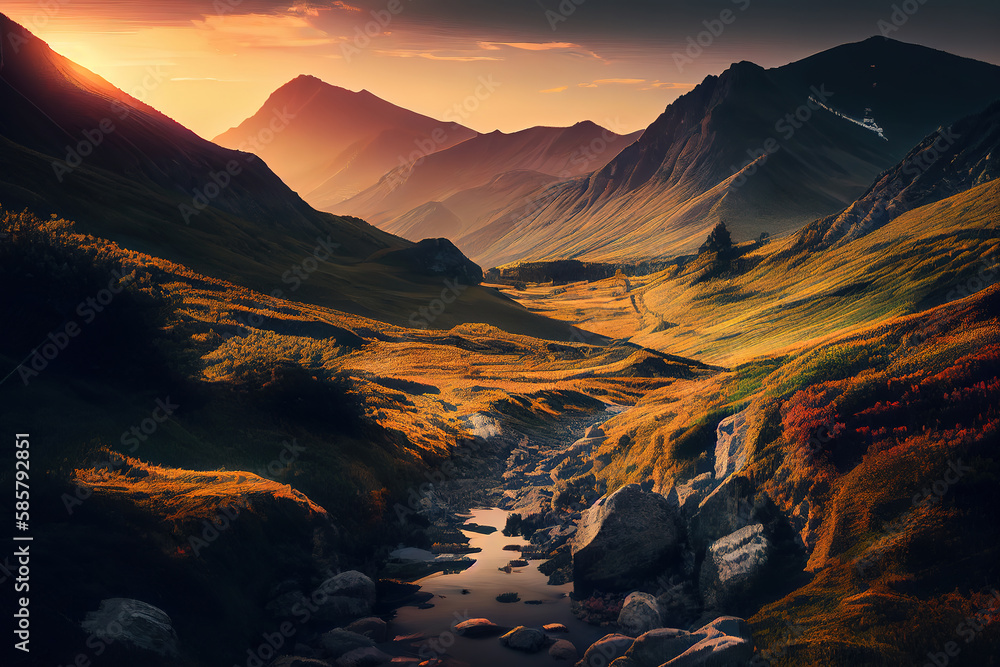 Mountain valley during sunrise. Natural summer landscape in Slovakia. Generative Ai