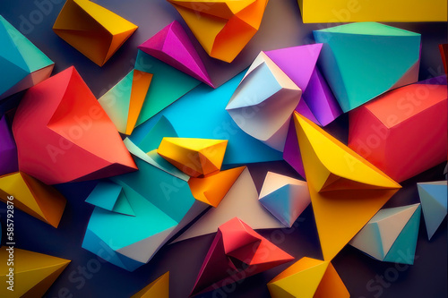 Abstract background, colorful triangles on a purple background. AI generative.