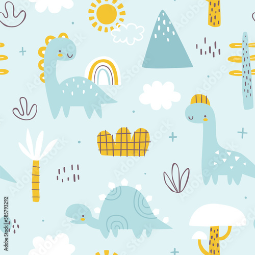 Seamless pattern with cute dino. Blue scandinavian print with cute dinosaurs for kids bedding and pajamas.