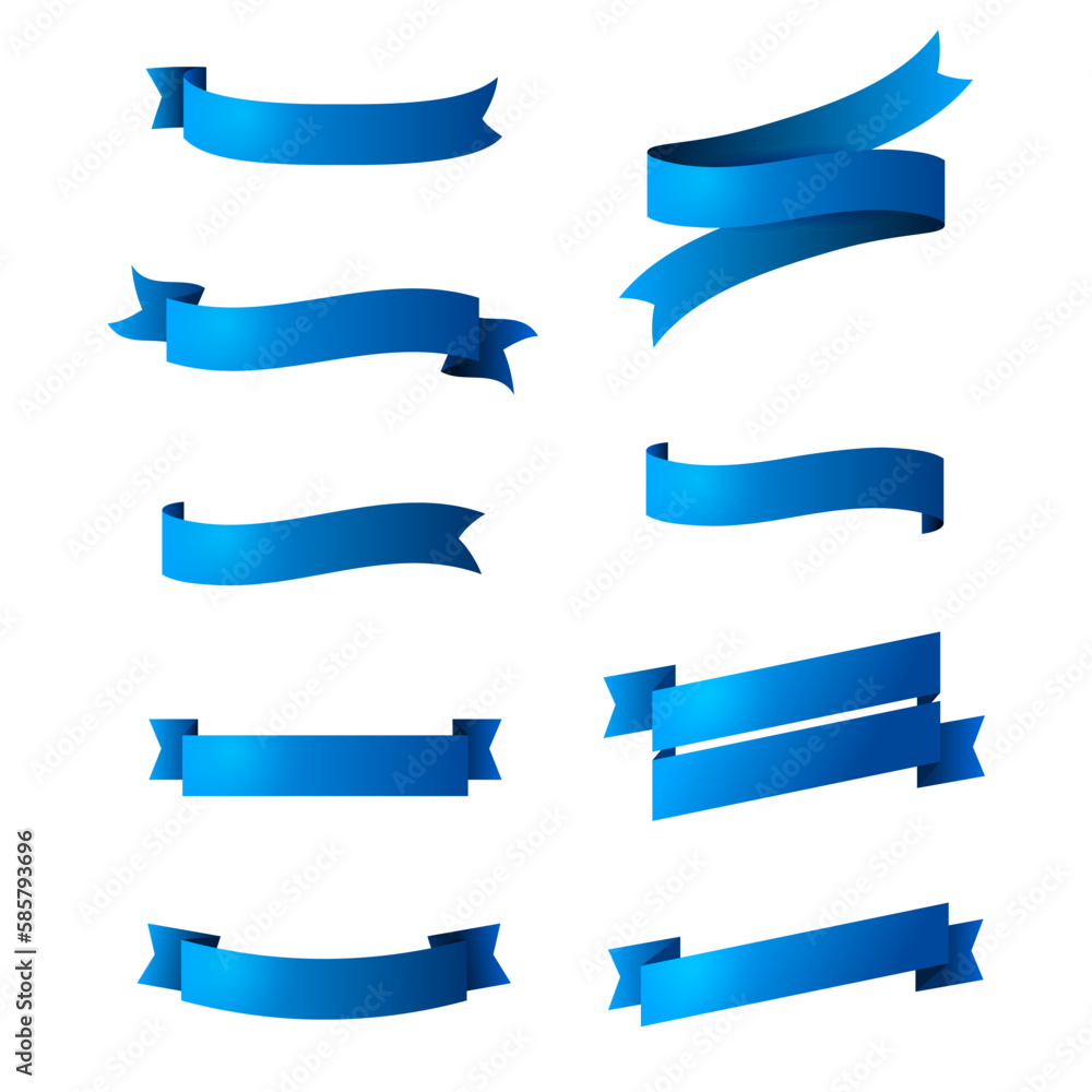 Set of blue ribbons isolated on white background. Vector illustration.