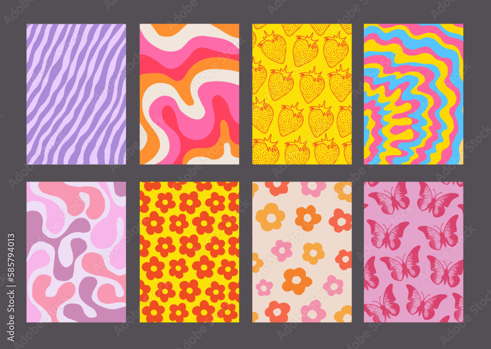 Obraz premium Cool Groovy Pattern Posters Collection. Set of Y2K Textures. Trendy Abstract Geometric 90s Backgrounds. Funky Retro Vintage Backdrops.