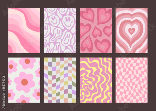Cool Groovy Pattern Posters Collection. Set of Y2K Wavy Textures. Trendy Abstract Geometric 90s Backgrounds. Funky Retro Vintage Backdrops.