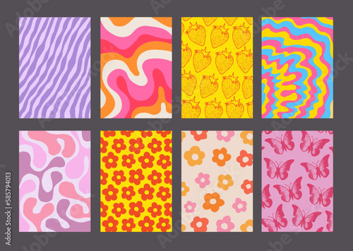 Cool Groovy Pattern Posters Collection. Set of Y2K Textures. Trendy Abstract Geometric 90s Backgrounds. Funky Retro Vintage Backdrops.