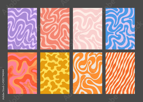 Cool Groovy Pattern Posters Collection. Set of Y2K Wavy Textures. Trendy Abstract Geometric 90s Backgrounds. Funky Retro Vintage Backdrops.