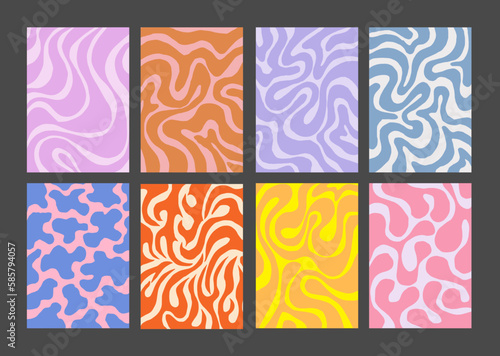 Cool Groovy Pattern Posters Collection. Set of Y2K Wavy Textures. Trendy Abstract Geometric 90s Backgrounds. Funky Retro Vintage Backdrops.