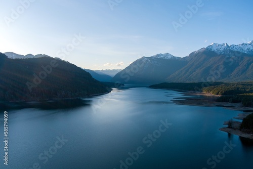 Aerial view of Lake Cushman and the Olympic Mountains of Washington State at sunset