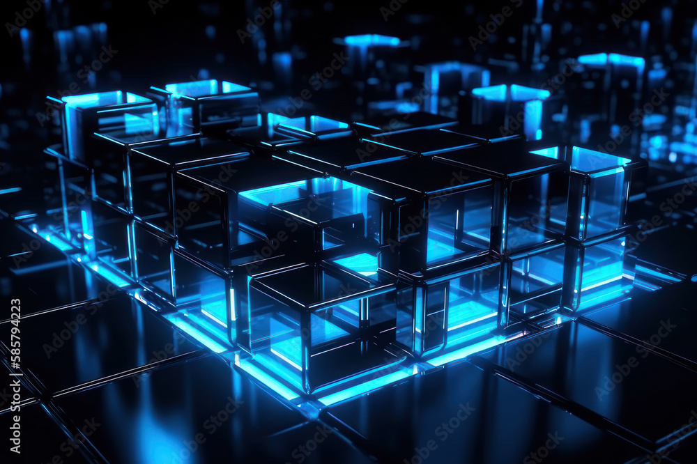 Obraz premium Abstract background, blue glowing cubes. AI generative.