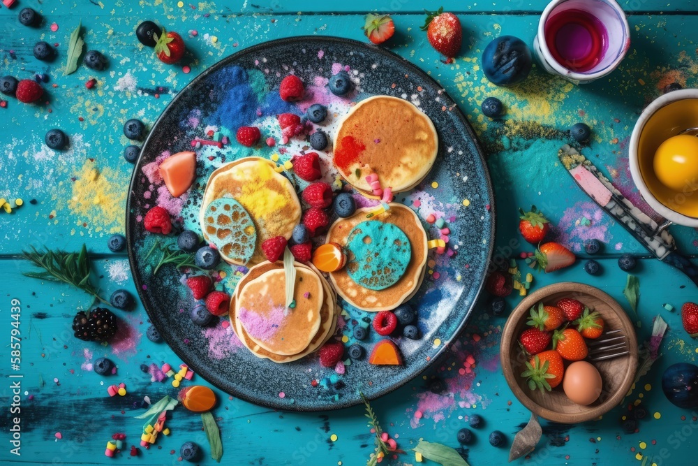 Naklejka premium stack of pancakes topped with fresh fruit. Generative AI