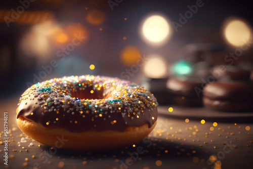 Delicious donut with glaze and sprinkles on wooden table. Generative AI technology. 