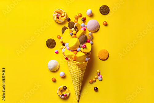 Top view of Different Kind Of Candies In Ice Cream Cone On Yellow Background