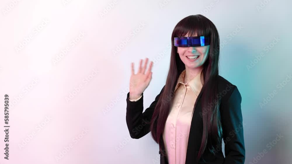 Beautiful female chatbot with futuristic glasses, smiling and waving hi, listening and nodding her head, points to the solutions at the board. There is space to write a solution. Beautiful female chatbot with futuristic glasses, smiling and waving hi, listening and nodding her head, points to the solutions at the board. There is space to write a solution.