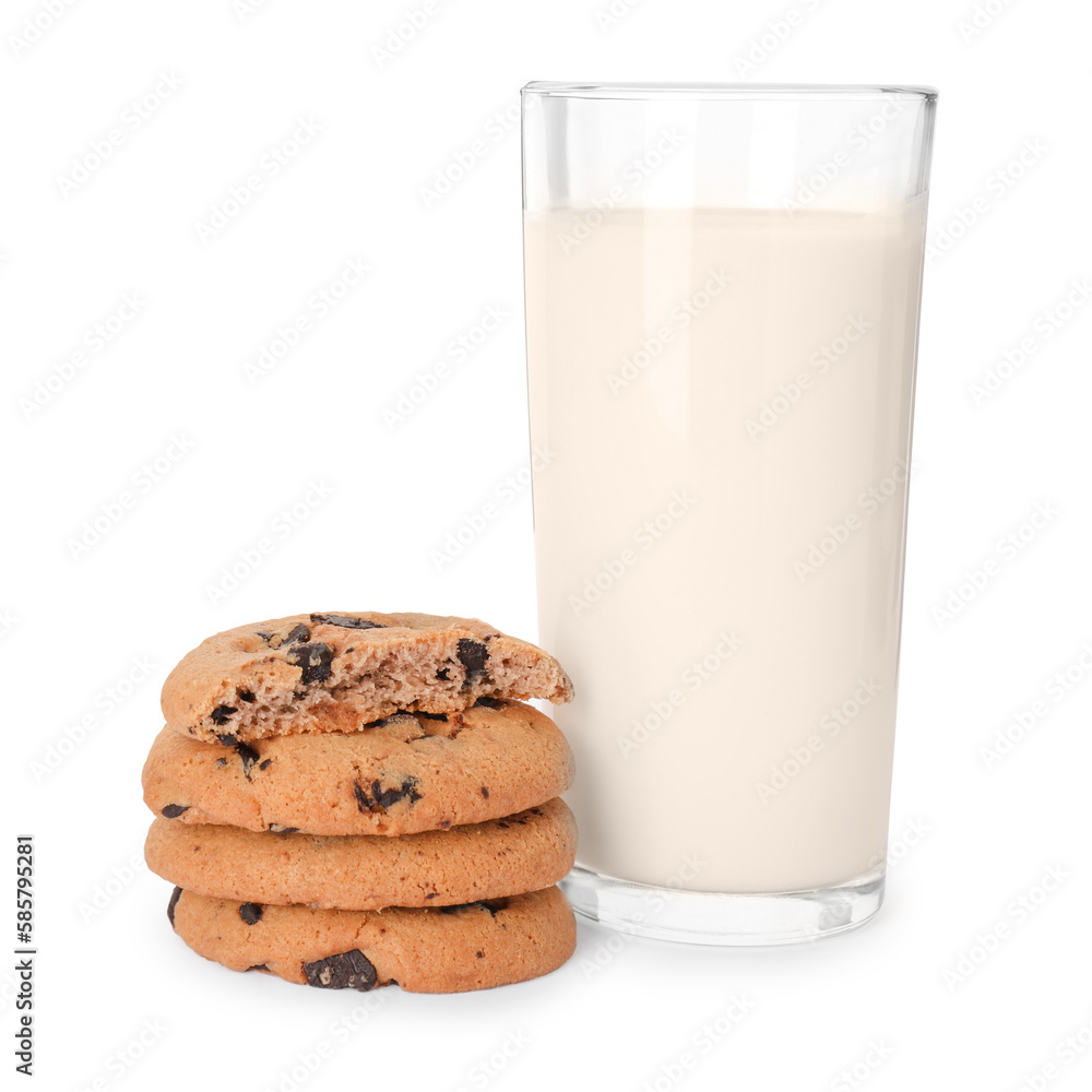 Delicious chocolate chip cookies and milk isolated on white Delicious chocolate chip cookies and milk isolated on white