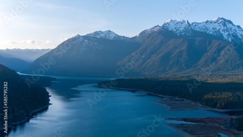 Aerial view of Lake Cushman and the Olympic Mountains of Washington State at sunset
