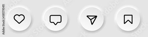 Neumorphism UI UX Design. Elements buttons like, comment, share, save on grey background. User interface elements for mobile app. Vector illustration EPS 10