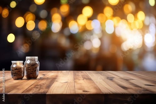 Empty Wooden Table with Blurred Restaurant Bokeh Background for product or your coffee © Thares2020