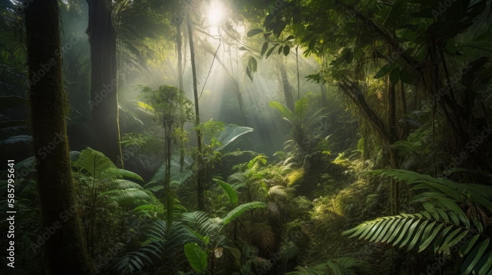 A lush tropical forest landscape, capturing the vibrant greenery and diverse flora of the region, created by AI. A lush tropical forest landscape, capturing the vibrant greenery and diverse flora of the region, created by AI.