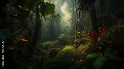 A lush tropical forest landscape  capturing the vibrant greenery and diverse flora of the region  created by AI.