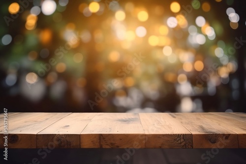 Empty Wooden Table with Blurred Restaurant Bokeh Background for product or your coffee