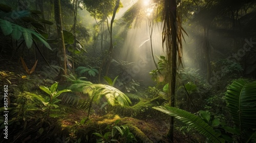 A lush tropical forest landscape, capturing the vibrant greenery and diverse flora of the region, created by AI.