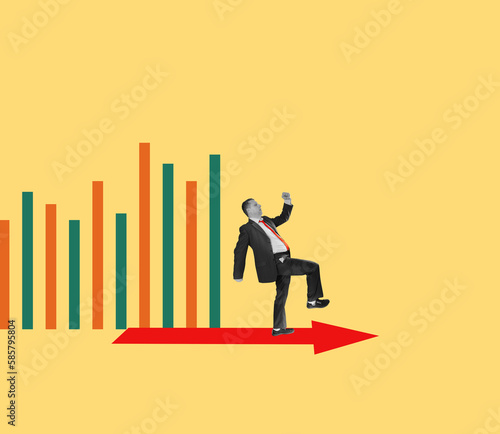 Cartoon standing businessman. Business infographics. Collage. isolated, 3d illustration.